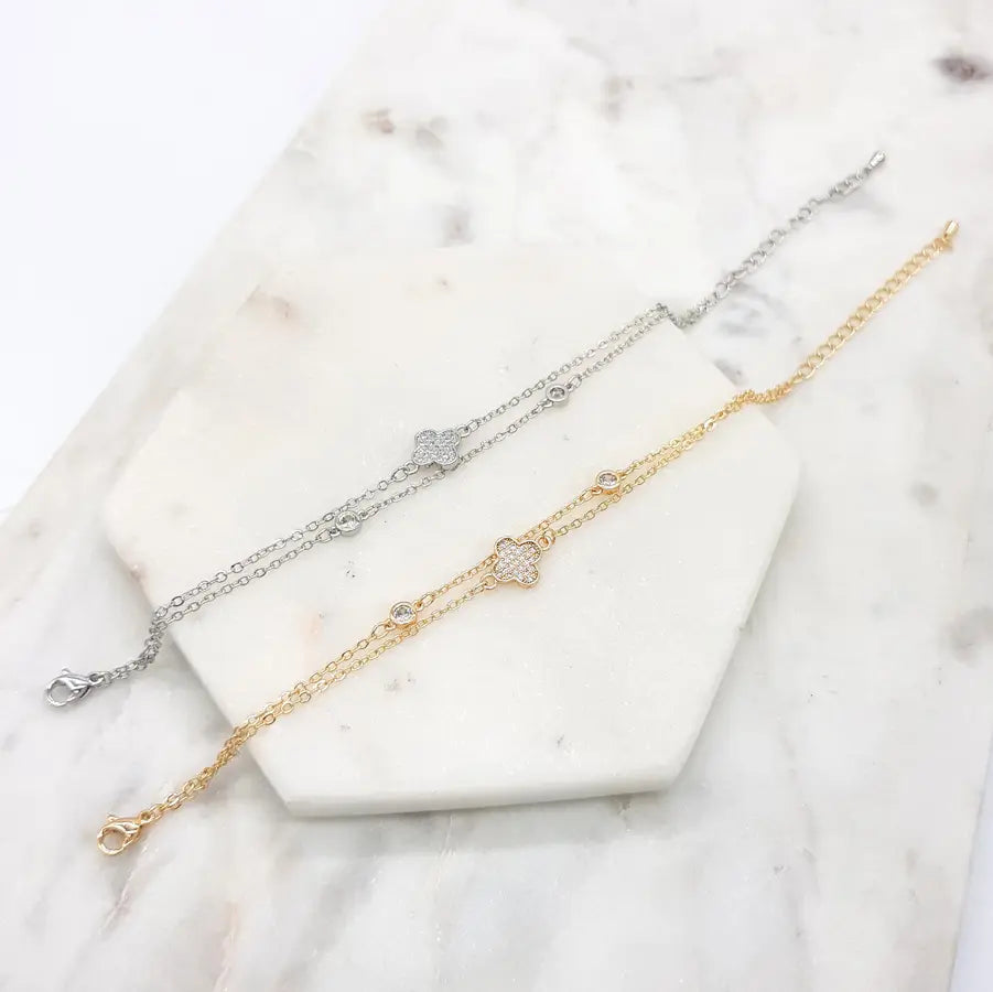 Chrysalini CZ Double Band Clover Bracelet-DB1580